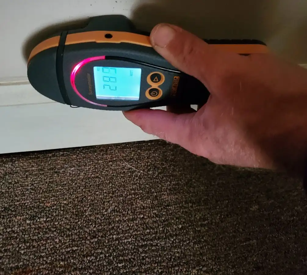 Moisture detection at baseboard during Burst Pipe Cleanup in Stowe